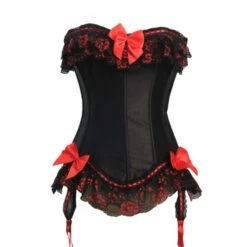 Corset Burlesque Noir En Dentelle Et Ruban Rouge