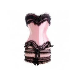 Corset Et Jupette En Satin Rose Et Dentelle Noire Softy Pink